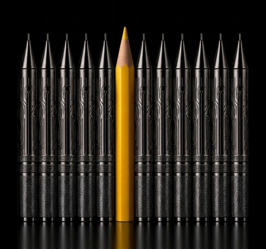 A row of black pencils with a single yellow pencil standing in the centre